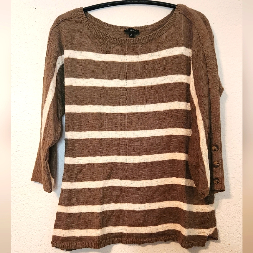Talbots Army Green 3/4 Sleeve Sweater with Cream Stripes and Buttons, Size S